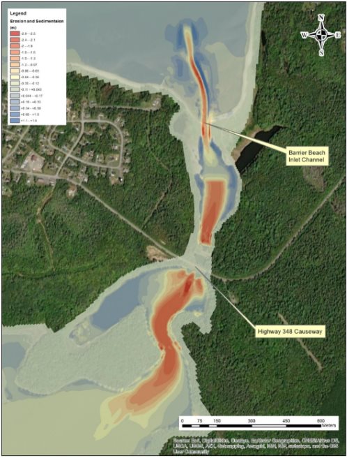 Model showing cumulative erosion (in red) and sedimentation (in blue) one year following dam removal, within the estuary and mouth of the estuary into Northumberland Strait.