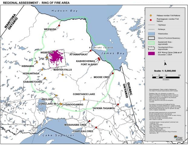 A map of northern Ontario shows the border of the Assessment Area which spans from just south of Highway 11 to the southern coast of Hudson's Bay and from west of Neskantaga First Nation to Moose Cree First Nation near the southern point of James Bay. The development area where the Ring of Fire mining claims have been issued is also highlighted (mining claims data are as of December 2 2024). Around the highlighted mining claims area is a dashed-line box outlining the approximate development area for the Ring of Fire. The Development Area is approximately 100km wide and 100km tall positioned immediately east of Webequie First Nation and approximately 50km north of Marten Falls First Nation. The Matawa member First Nations as well as the Mushkegowuk member First Nations are also depicted on the map using points. General features including provincial highways, railways, waterbodies, and the Ontario provincial boundary are also displayed on the map.